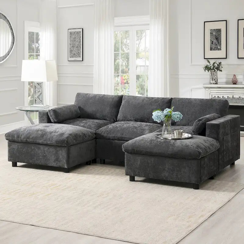 Canapé modulaire sectionnel en U avec poches de rangement, oreillers, pouf