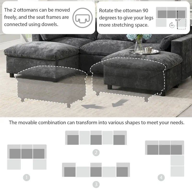 Canapé modulaire sectionnel en U avec poches de rangement, oreillers, pouf
