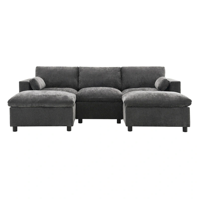 Canapé modulaire sectionnel en U avec poches de rangement, oreillers, pouf