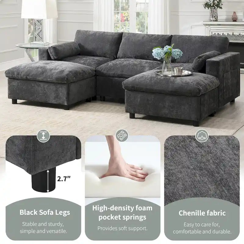 Canapé modulaire sectionnel en U avec poches de rangement, oreillers, pouf