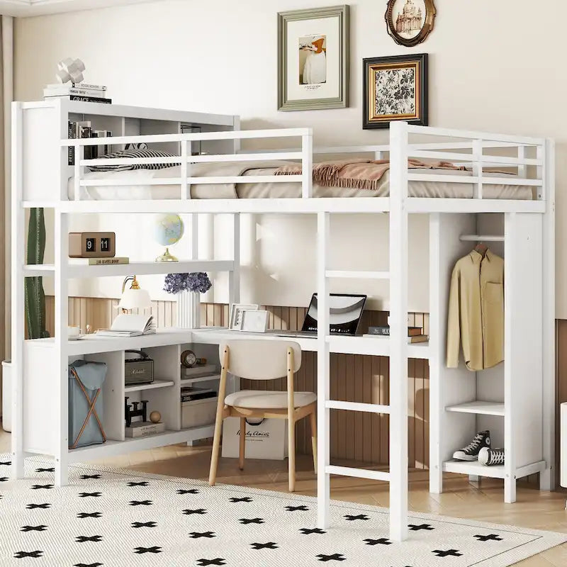All-in-One Metal Loft Bed with L-Shaped Desk & Wardrobe, Bedrooms Bed Frame with Storage Cubes, Shelves, Full-Length Guardrails