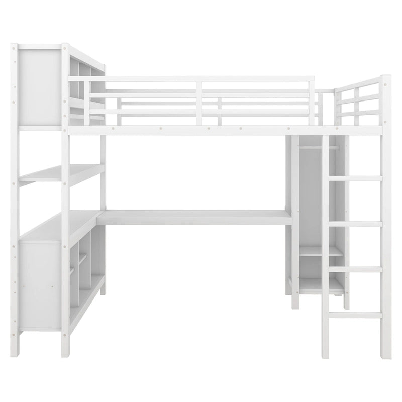 Lit mezzanine métallique tout-en-un avec bureau en L et armoire, cadre de lit de chambre à coucher avec cubes de rangement, étagères, garde-corps pleine longueur