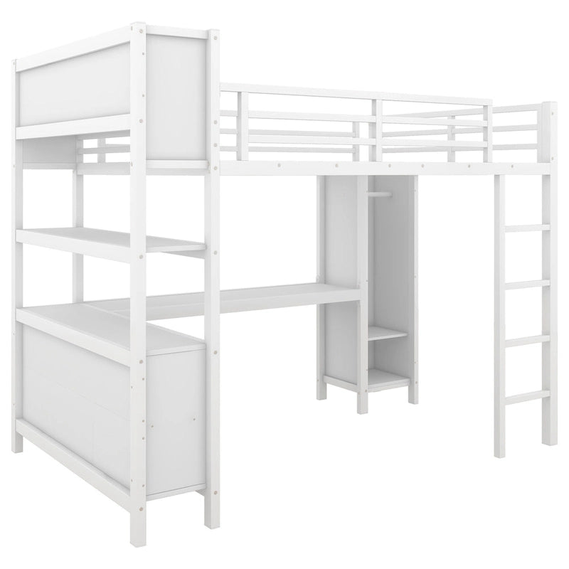 Lit mezzanine métallique tout-en-un avec bureau en L et armoire, cadre de lit de chambre à coucher avec cubes de rangement, étagères, garde-corps pleine longueur