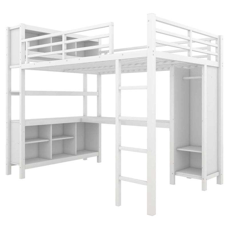 Lit mezzanine métallique tout-en-un avec bureau en L et armoire, cadre de lit de chambre à coucher avec cubes de rangement, étagères, garde-corps pleine longueur