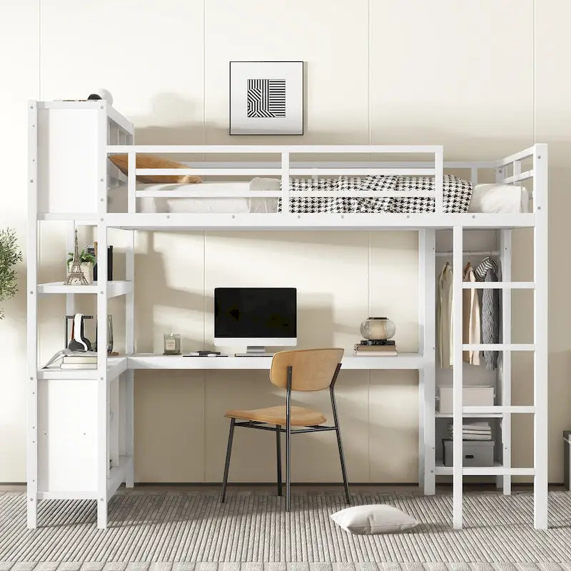 Lit mezzanine métallique tout-en-un avec bureau en L et armoire, cadre de lit de chambre à coucher avec cubes de rangement, étagères, garde-corps pleine longueur