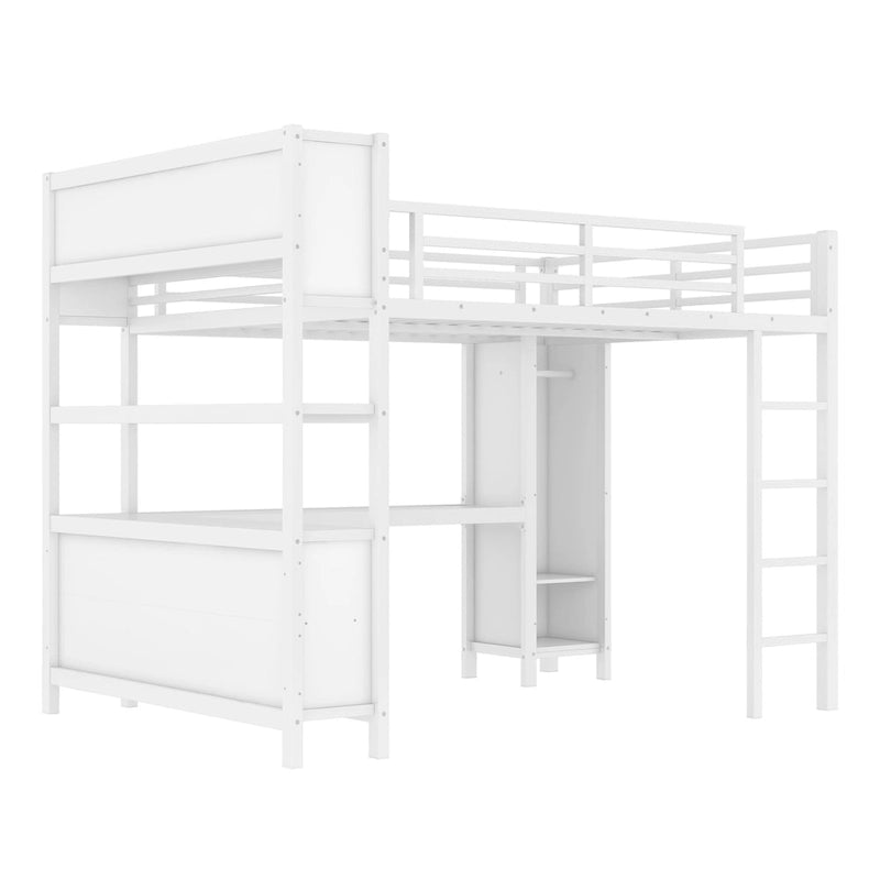 Lit mezzanine métallique tout-en-un avec bureau en L et armoire, cadre de lit de chambre à coucher avec cubes de rangement, étagères, garde-corps pleine longueur