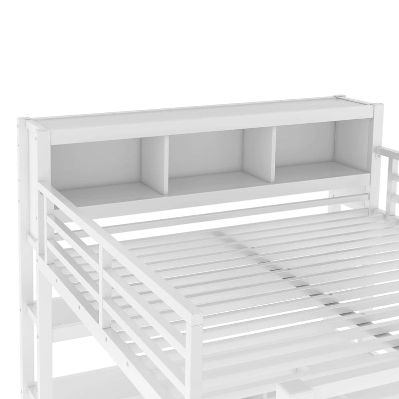 Lit mezzanine métallique tout-en-un avec bureau en L et armoire, cadre de lit de chambre à coucher avec cubes de rangement, étagères, garde-corps pleine longueur