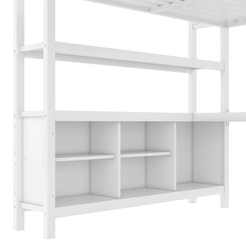 Lit mezzanine métallique tout-en-un avec bureau en L et armoire, cadre de lit de chambre à coucher avec cubes de rangement, étagères, garde-corps pleine longueur