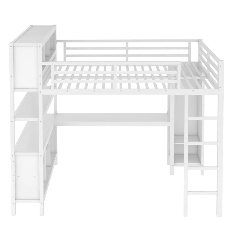 Lit mezzanine métallique tout-en-un avec bureau en L et armoire, cadre de lit de chambre à coucher avec cubes de rangement, étagères, garde-corps pleine longueur