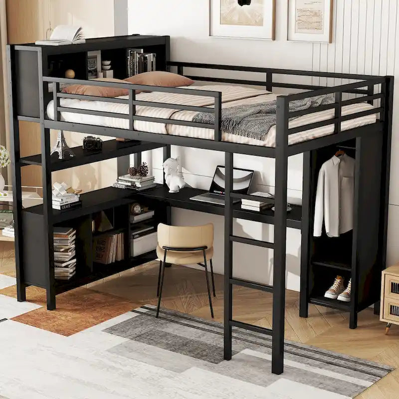 Lit mezzanine métallique tout-en-un avec bureau en L et armoire, cadre de lit de chambre à coucher avec cubes de rangement, étagères, garde-corps pleine longueur