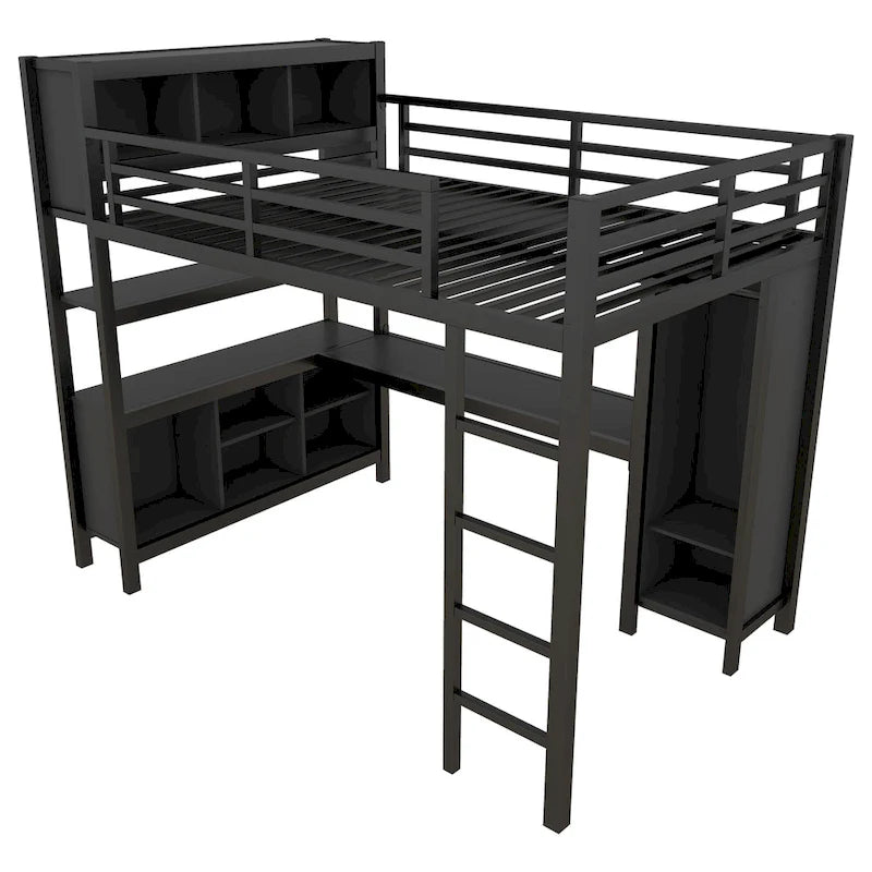 Lit mezzanine métallique tout-en-un avec bureau en L et armoire, cadre de lit de chambre à coucher avec cubes de rangement, étagères, garde-corps pleine longueur