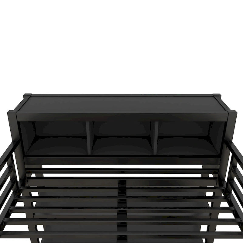 Lit mezzanine métallique tout-en-un avec bureau en L et armoire, cadre de lit de chambre à coucher avec cubes de rangement, étagères, garde-corps pleine longueur