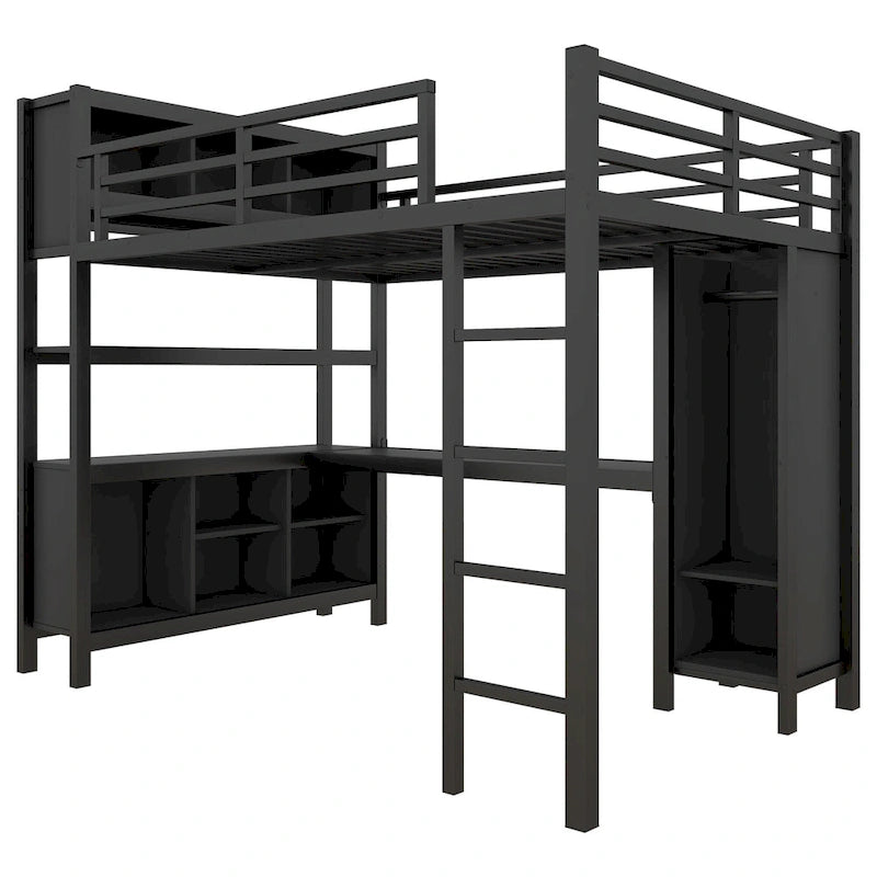 Lit mezzanine métallique tout-en-un avec bureau en L et armoire, cadre de lit de chambre à coucher avec cubes de rangement, étagères, garde-corps pleine longueur