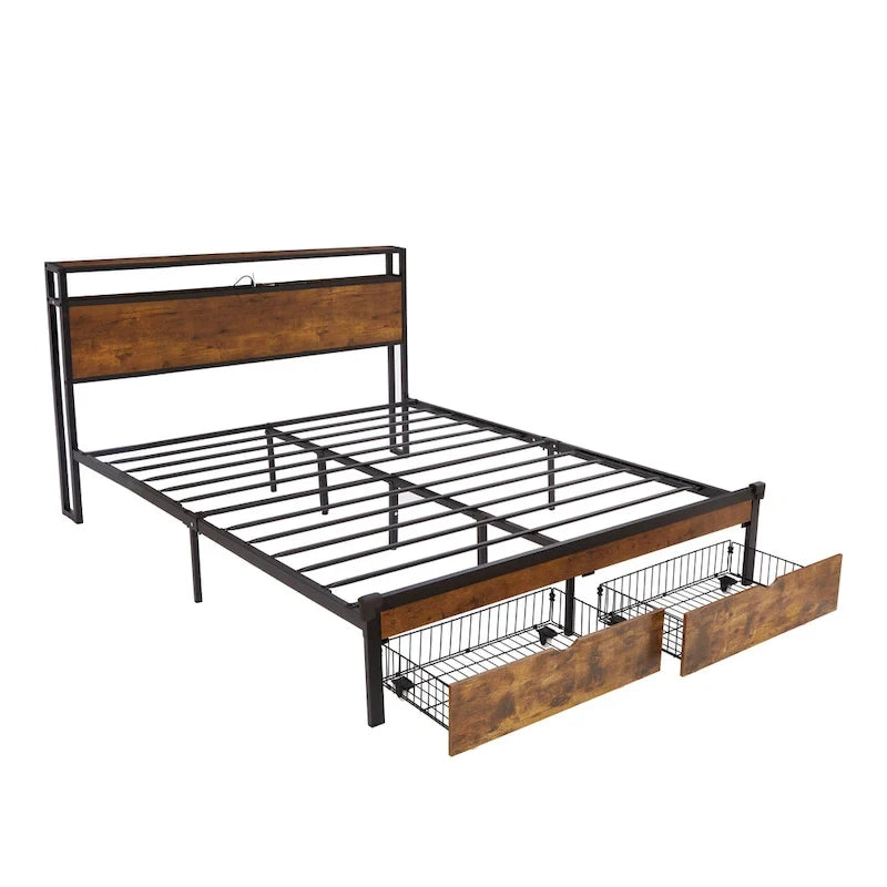Lit plate-forme King Size en métal avec lumières LED, tête de lit en bois et deux tiroirs pour chambre à coucher
