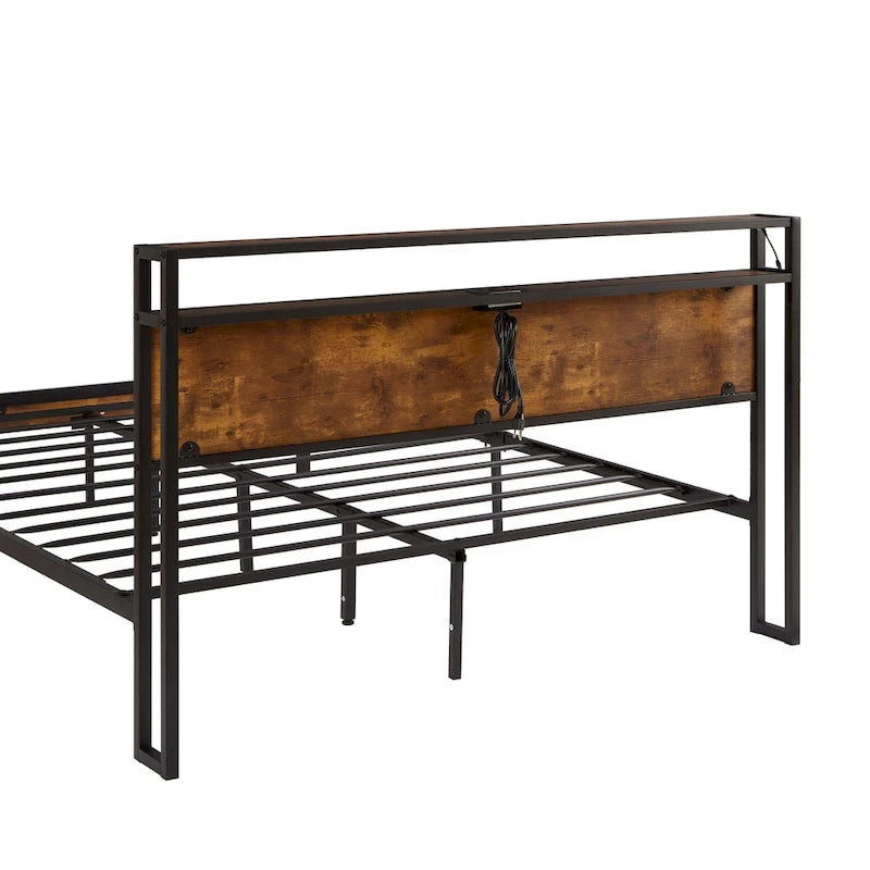 Lit plate-forme King Size en métal avec lumières LED, tête de lit en bois et deux tiroirs pour chambre à coucher