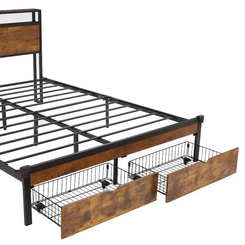 Lit plate-forme King Size en métal avec lumières LED, tête de lit en bois et deux tiroirs pour chambre à coucher