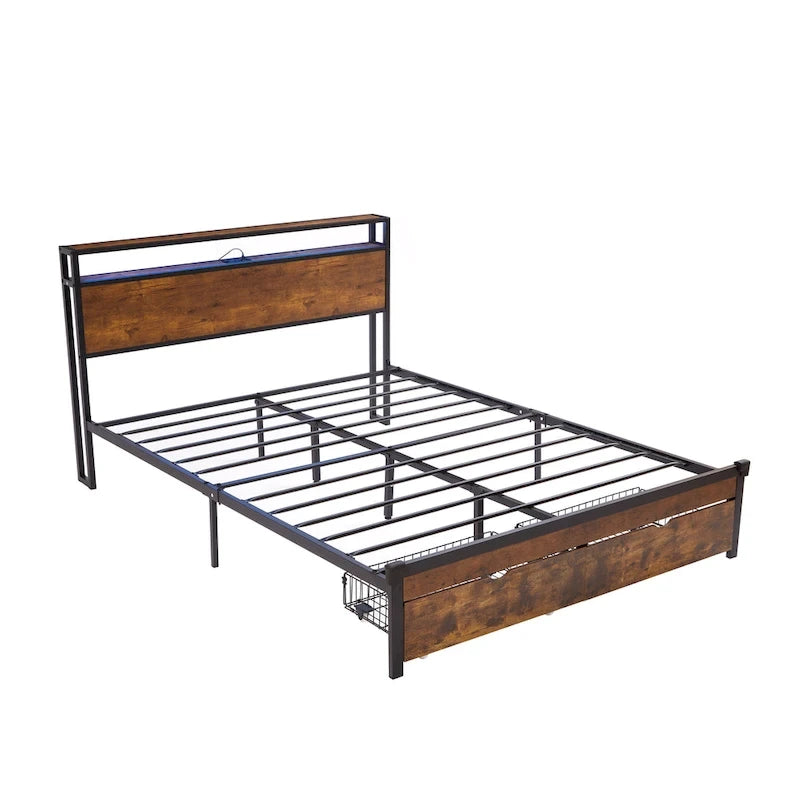 Lit plate-forme King Size en métal avec lumières LED, tête de lit en bois et deux tiroirs pour chambre à coucher
