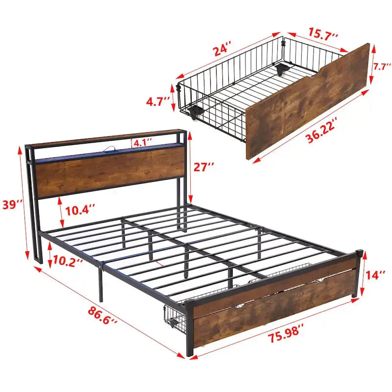 Lit plate-forme King Size en métal avec lumières LED, tête de lit en bois et deux tiroirs pour chambre à coucher