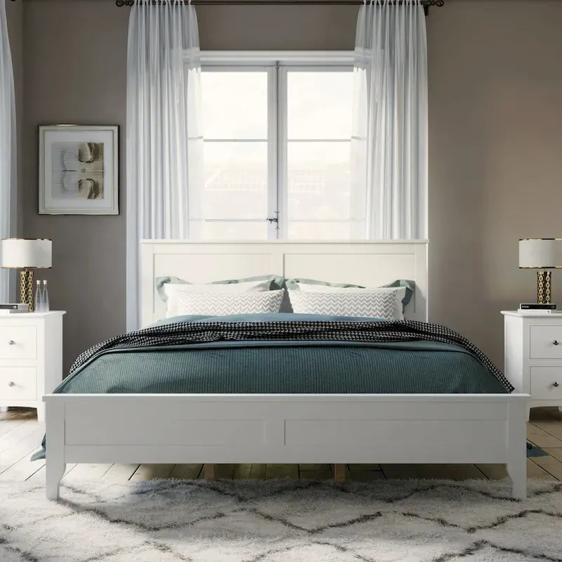 Lit plateforme moderne blanc Queen Size en bois massif avec finition résistante à l'usure
