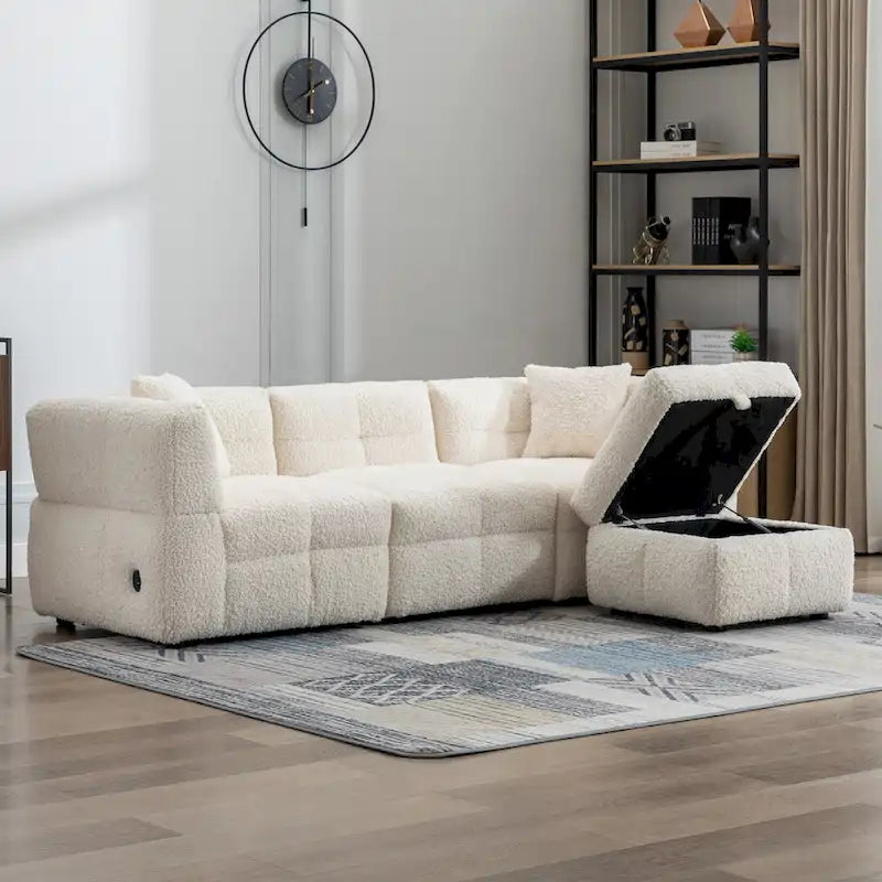 Canapé sectionnel 4 places en tissu 87,7 po avec ottoman mobile, 2 ports USB et 2 coussins lombaires, idéal pour le salon