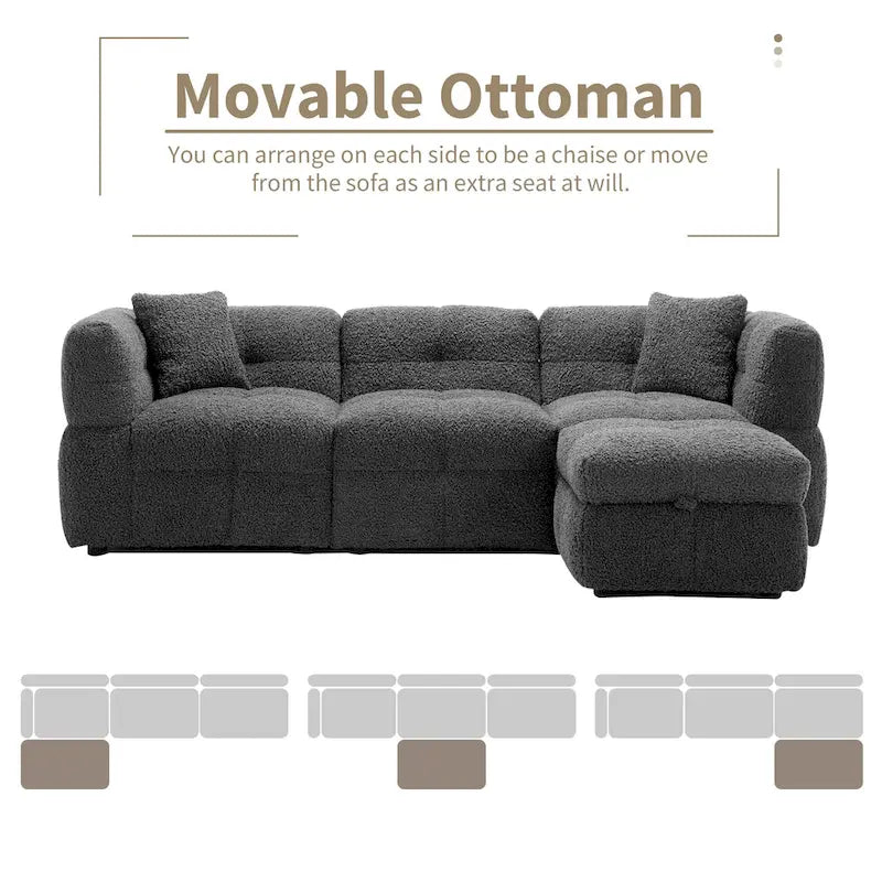 Canapé sectionnel 4 places en tissu 87,7 po avec ottoman mobile, 2 ports USB et 2 coussins lombaires, idéal pour le salon