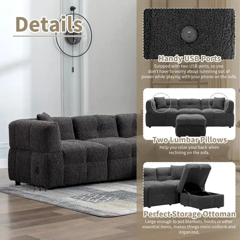 Canapé sectionnel 4 places en tissu 87,7 po avec ottoman mobile, 2 ports USB et 2 coussins lombaires, idéal pour le salon