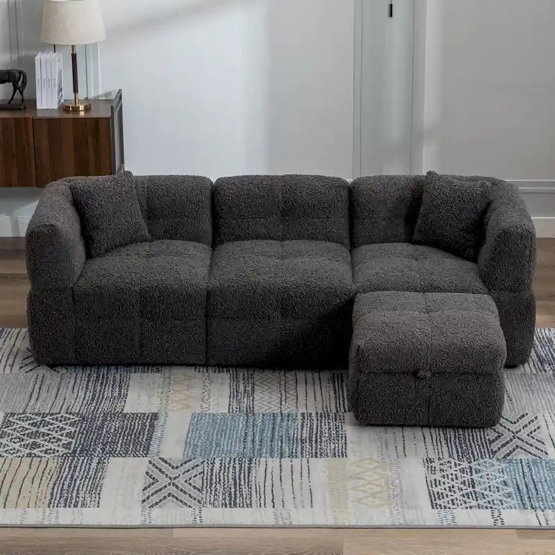 Canapé sectionnel 4 places en tissu 87,7 po avec ottoman mobile, 2 ports USB et 2 coussins lombaires, idéal pour le salon