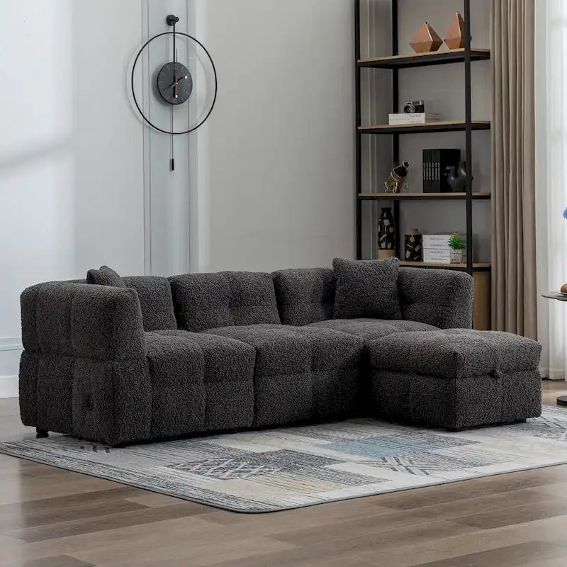 Canapé sectionnel 4 places en tissu 87,7 po avec ottoman mobile, 2 ports USB et 2 coussins lombaires, idéal pour le salon