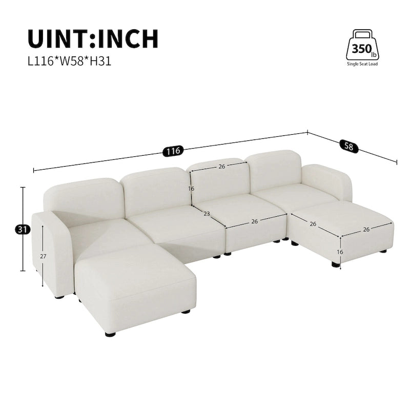 Canapé en velours en U - 6 places, canapé d'angle avec deux repose-pieds