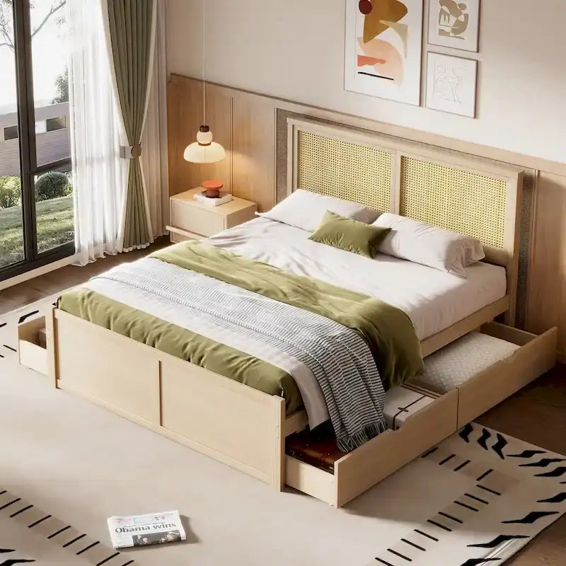Lit double antique en bois naturel avec 4 tiroirs de rangement et tête de lit en rotin