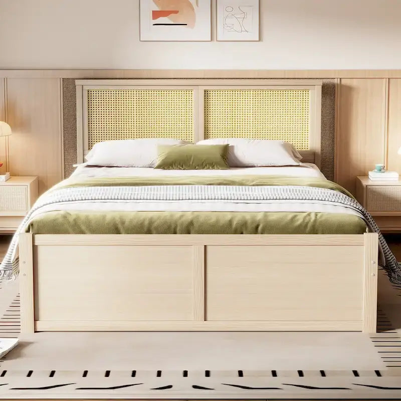 Lit double antique en bois naturel avec 4 tiroirs de rangement et tête de lit en rotin