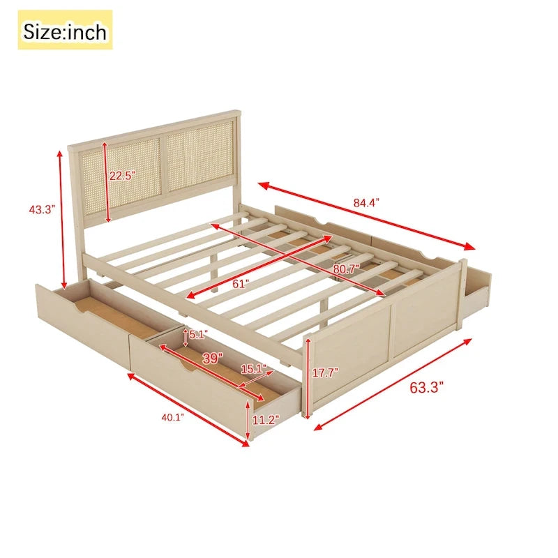 Lit double antique en bois naturel avec 4 tiroirs de rangement et tête de lit en rotin