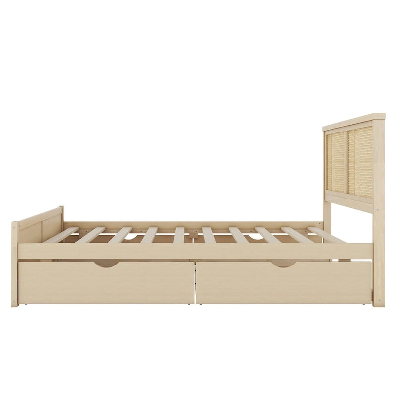 Lit double antique en bois naturel avec 4 tiroirs de rangement et tête de lit en rotin