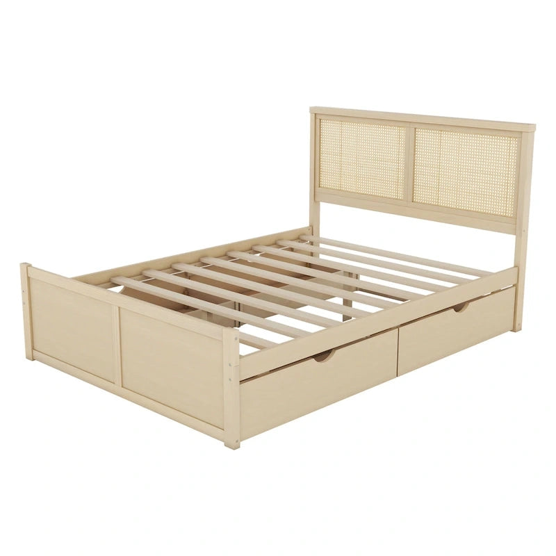 Lit double antique en bois naturel avec 4 tiroirs de rangement et tête de lit en rotin