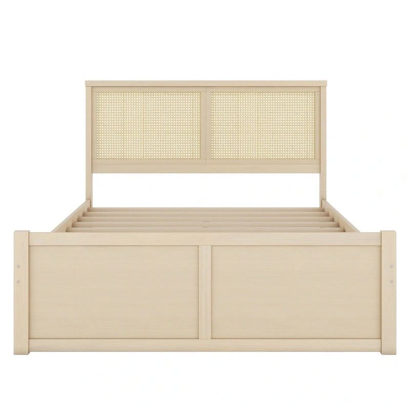 Lit double antique en bois naturel avec 4 tiroirs de rangement et tête de lit en rotin