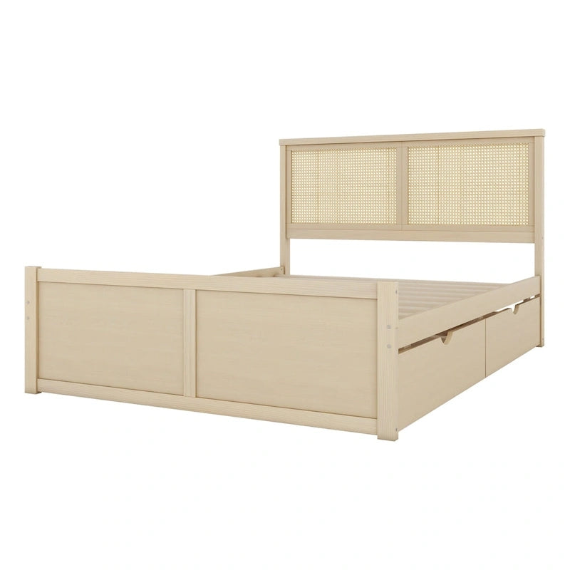 Lit double antique en bois naturel avec 4 tiroirs de rangement et tête de lit en rotin
