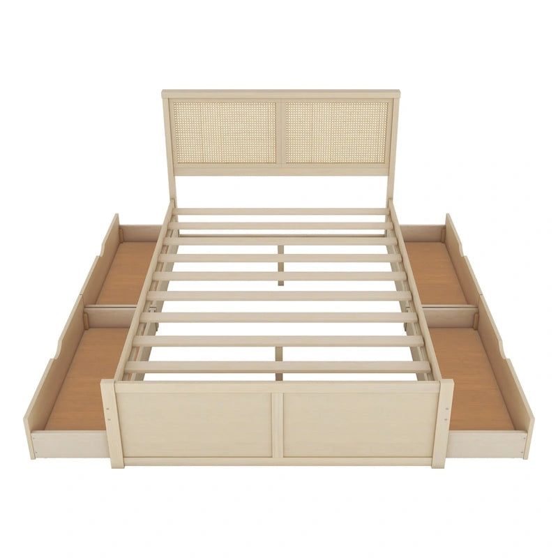 Lit double antique en bois naturel avec 4 tiroirs de rangement et tête de lit en rotin