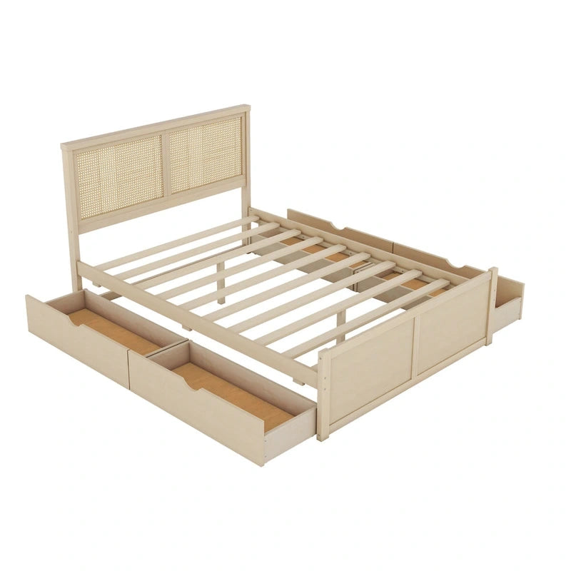 Lit double antique en bois naturel avec 4 tiroirs de rangement et tête de lit en rotin