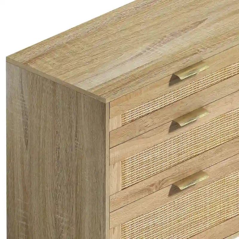 Commode double en rotin à 6 tiroirs avec poignées en métal, pieds en bois, armoire de rangement pour vêtements de chambre à coucher