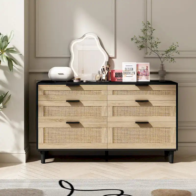 Commode double en rotin à 6 tiroirs avec poignées en métal, pieds en bois, armoire de rangement pour vêtements de chambre à coucher