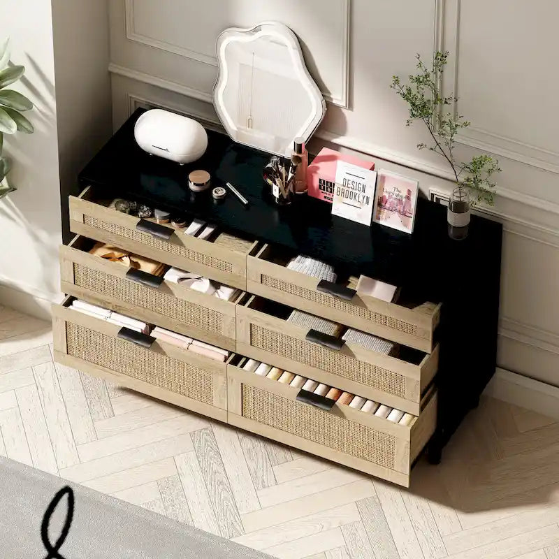 Commode double en rotin à 6 tiroirs avec poignées en métal, pieds en bois, armoire de rangement pour vêtements de chambre à coucher