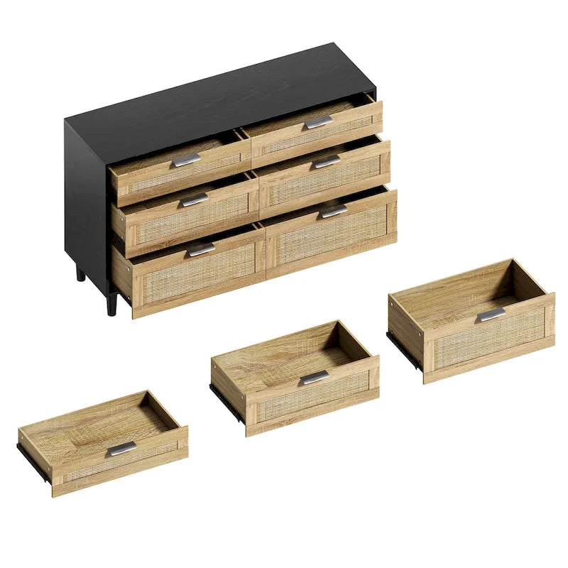 Commode double en rotin à 6 tiroirs avec poignées en métal, pieds en bois, armoire de rangement pour vêtements de chambre à coucher