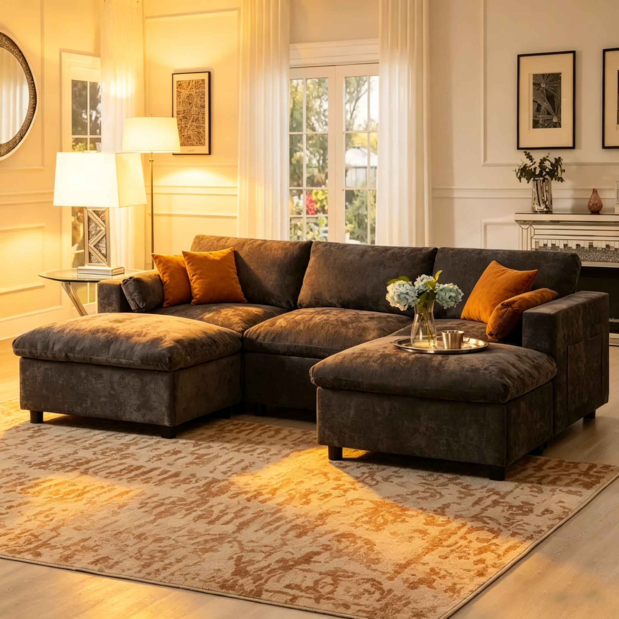 Canapé modulaire sectionnel en U avec poches de rangement, oreillers, pouf