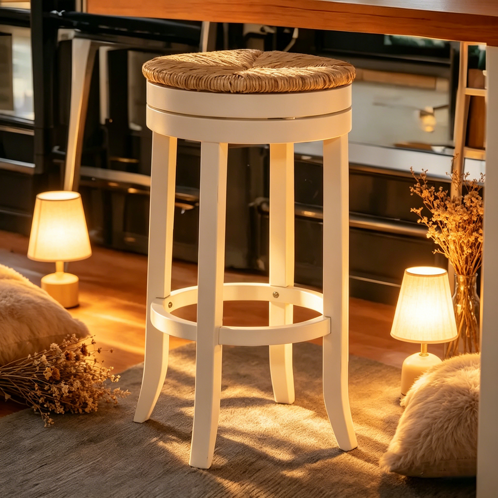 Chaise de bar sans dossier pivotante en bois massif blanc vieilli et naturel de 76 cm de hauteur avec repose-pieds
