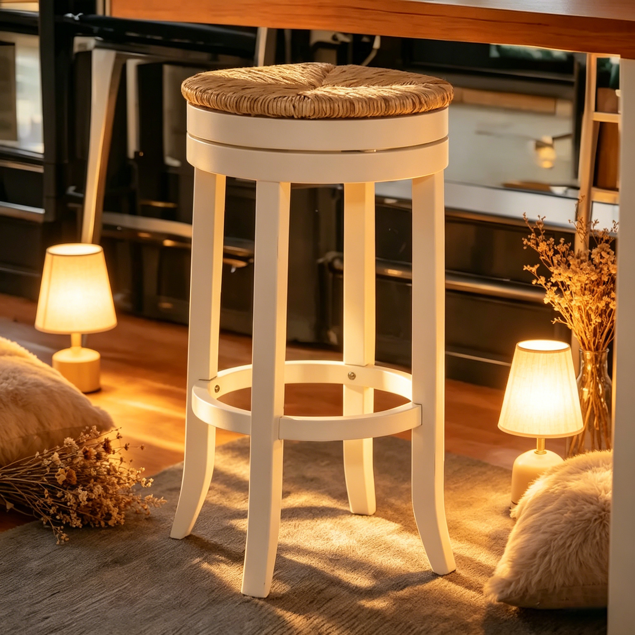 Chaise de bar sans dossier pivotante en bois massif blanc vieilli et naturel de 76 cm de hauteur avec repose-pieds