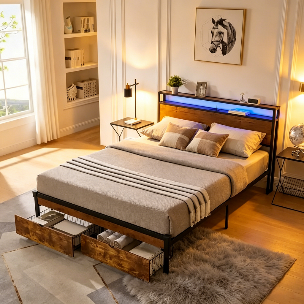 Lit plate-forme King Size en métal avec lumières LED, tête de lit en bois et deux tiroirs pour chambre à coucher