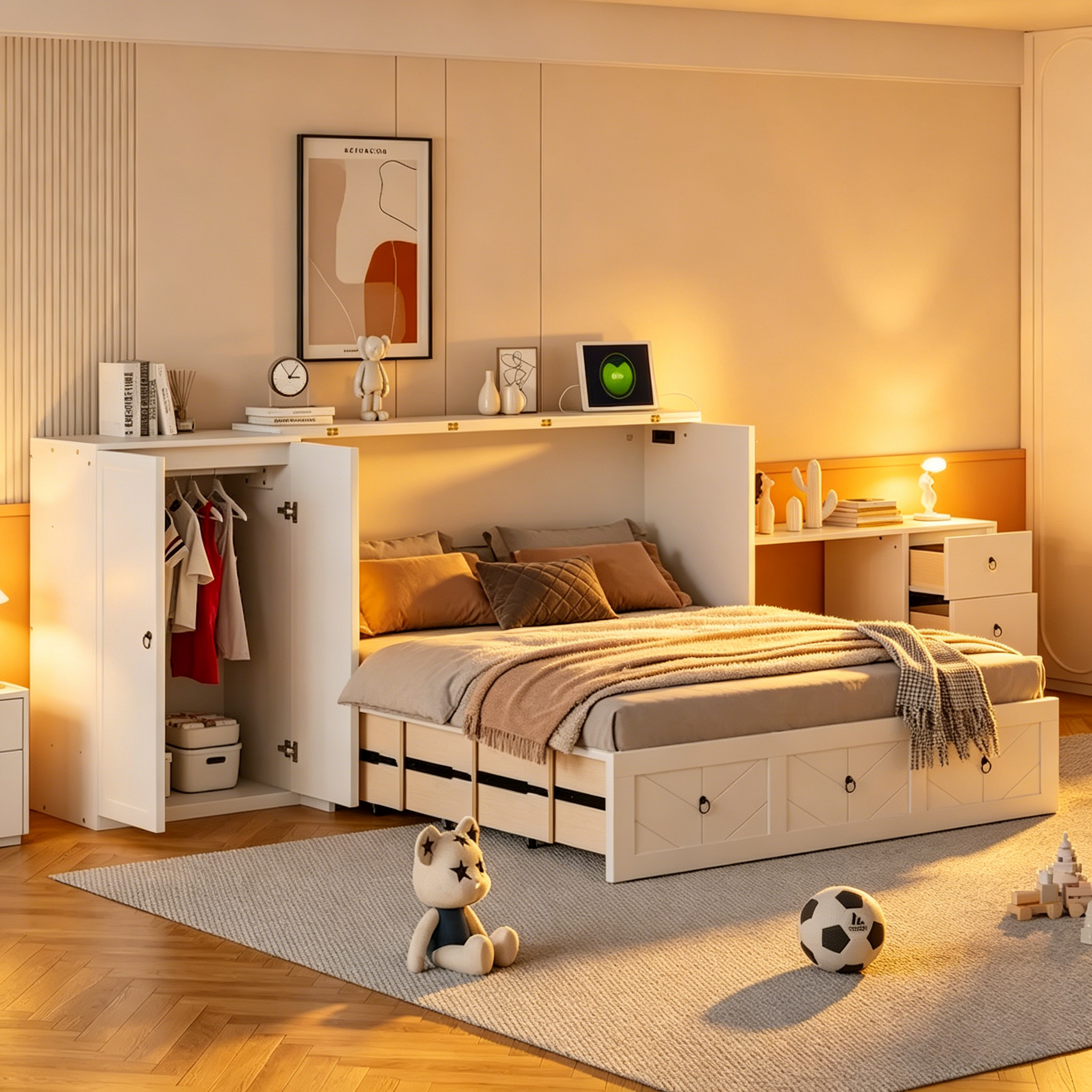 Lit escamotable Queen Size avec port USB, grand tiroir et penderie
