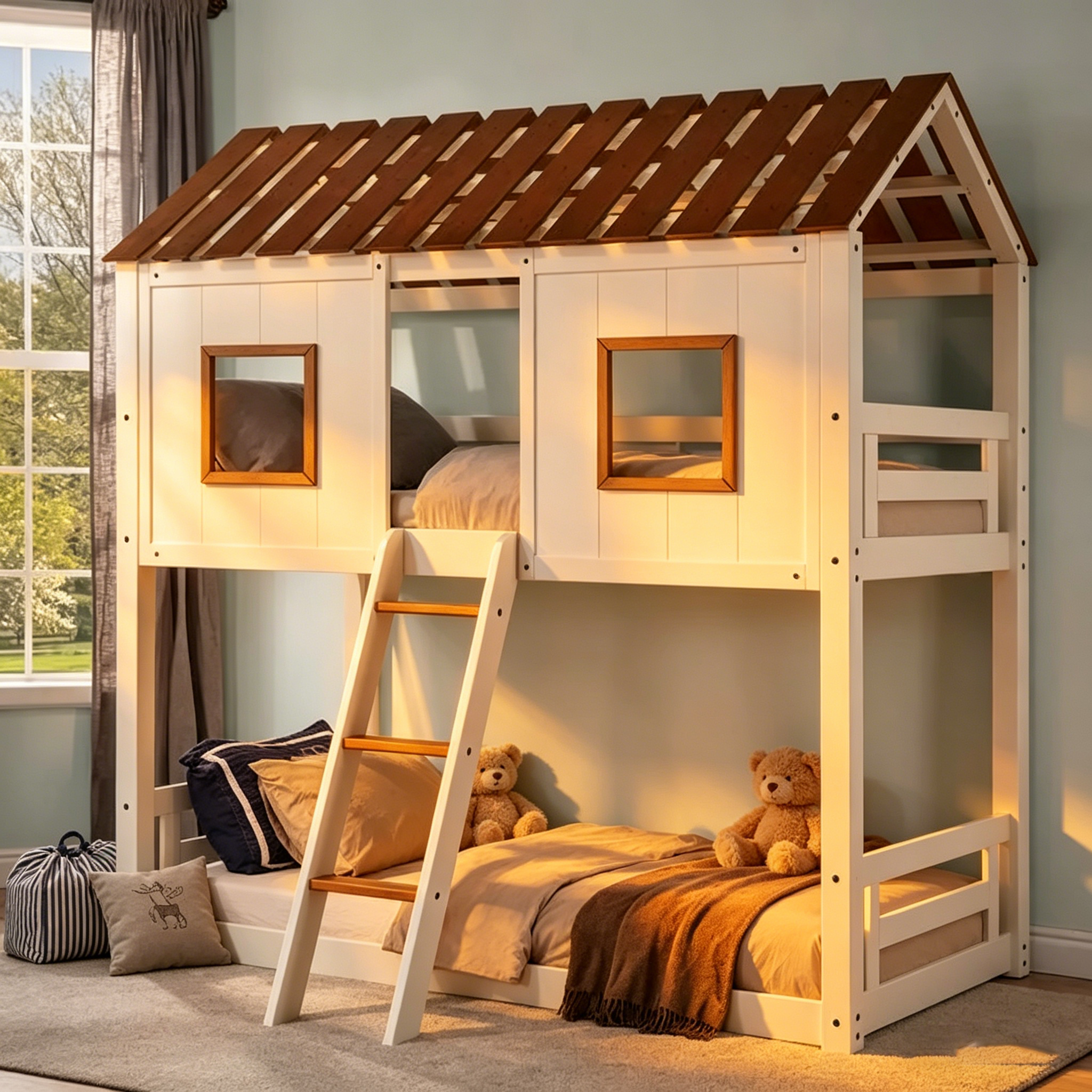 Lit superposé double en bois blanc et chêne rustique