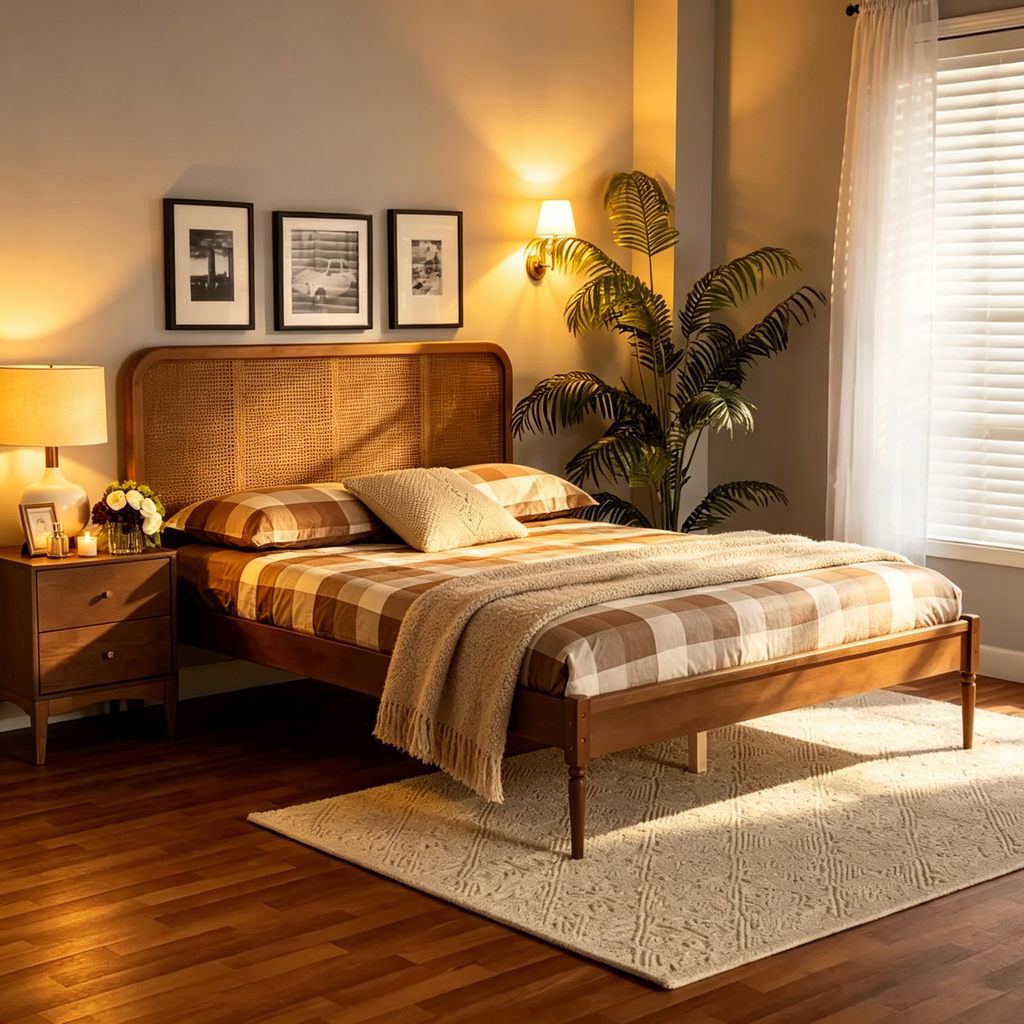 Lit Plateforme en Bois et Rotin Synthétique, Style Mid-Century Moderne