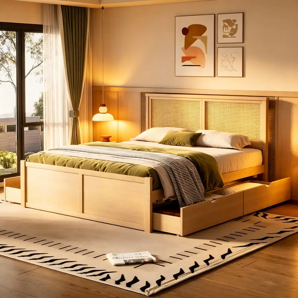 Lit double antique en bois naturel avec 4 tiroirs de rangement et tête de lit en rotin